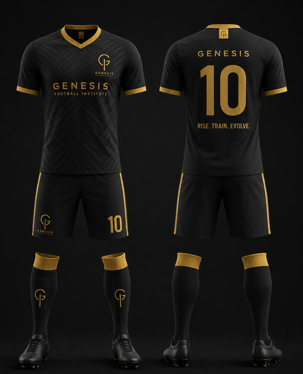 Official Genesis Football Institute kit — black and gold jersey, shorts and socks